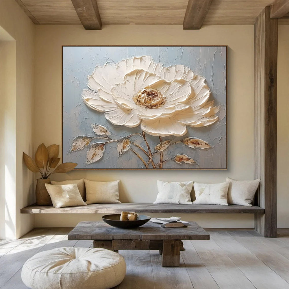 Textured White Flower Abstract Painting for Minimalist Interiors YHT175