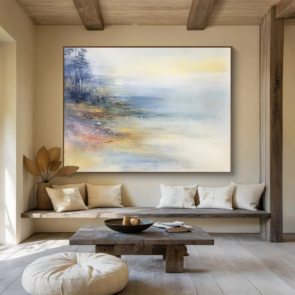 Misty Lakeside Abstract Painting with Soft Hues ABS269