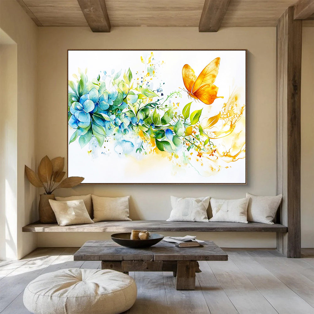 Blue Hydrangeas and Butterfly: Delicate Nature’s Moment Abstract Painting ABS158
