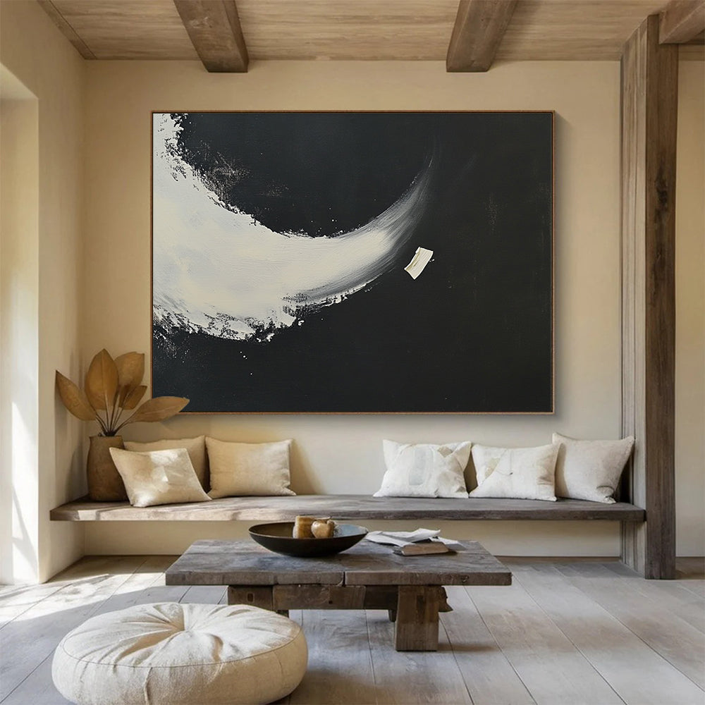 Black - White Crescent Abstract Painting with a Simple yet Striking Design ABS256