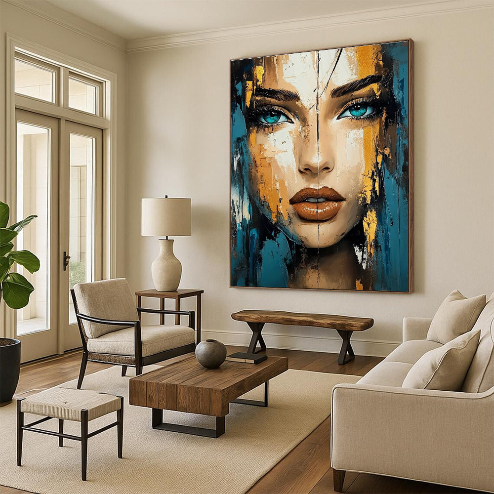 Blue - Gold Contrast Portrait Abstract Painting: Expressive Textures & Personality GAB0951