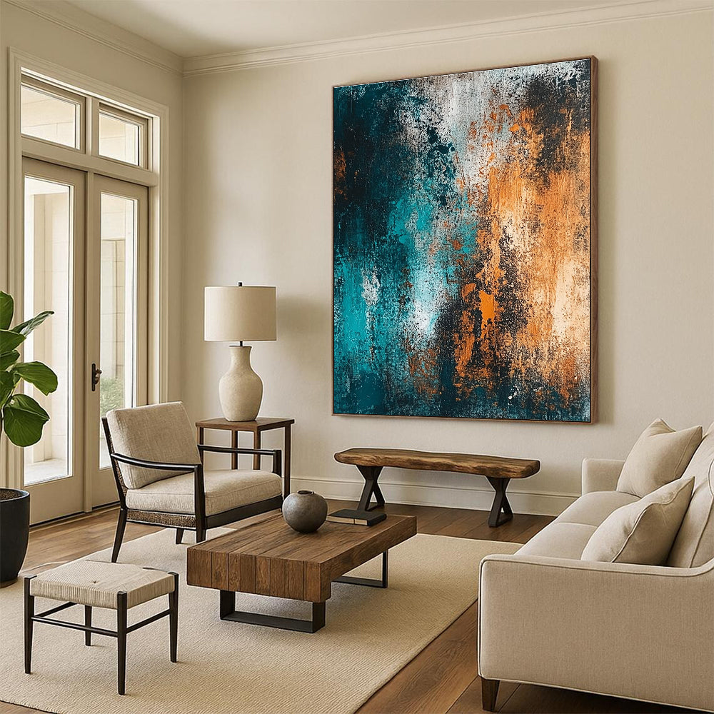 Teal and Orange Textured Abstract Painting with Fiery Calm WINK289