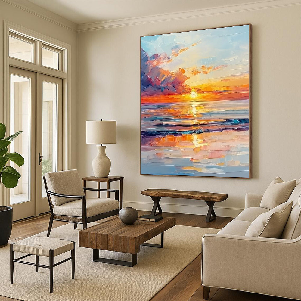 Fiery Sunset Sea Abstract Painting with Dynamic Brushstrokes GAB0016