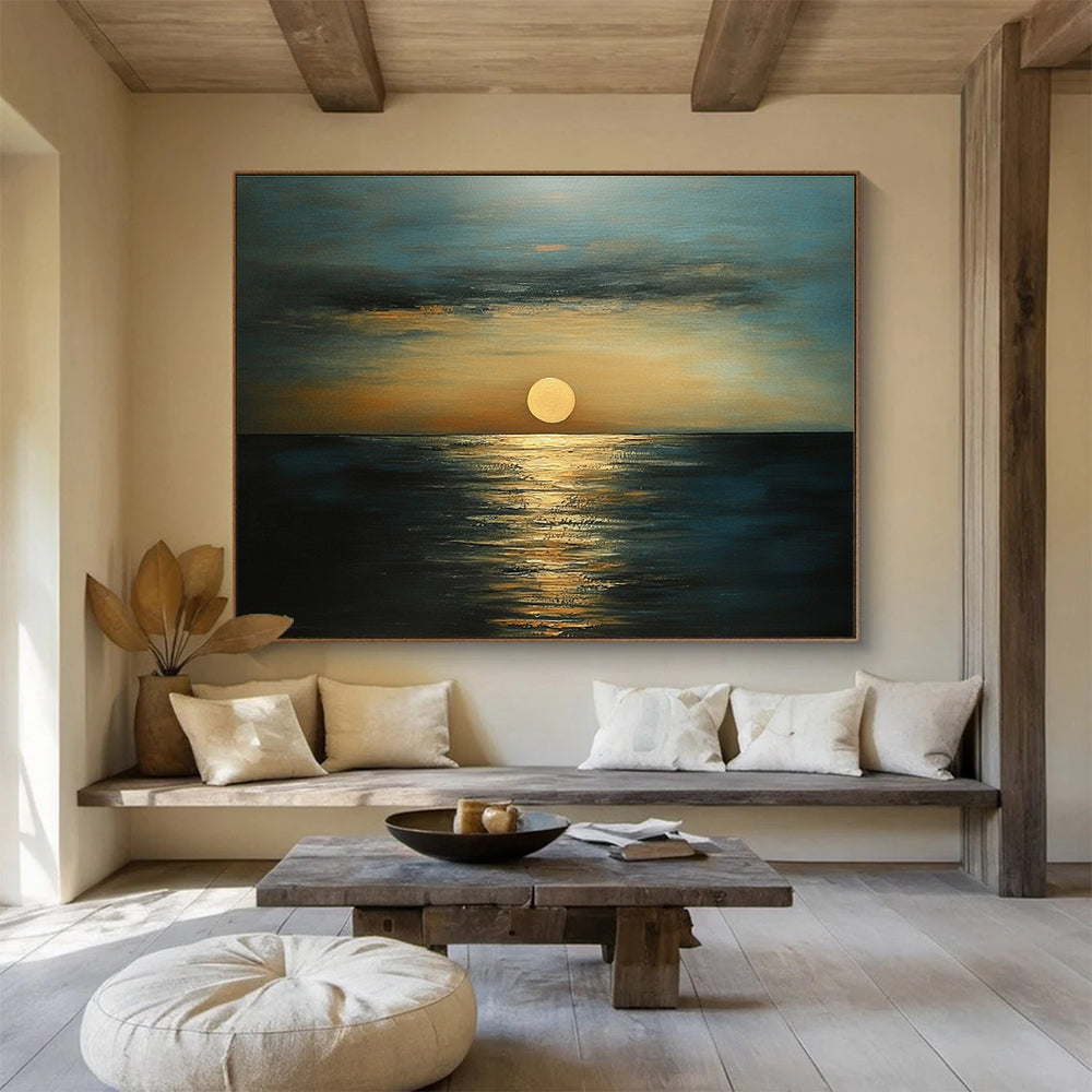Golden Sunset Over Ocean Abstract Painting with Serene Ambiance ABS571