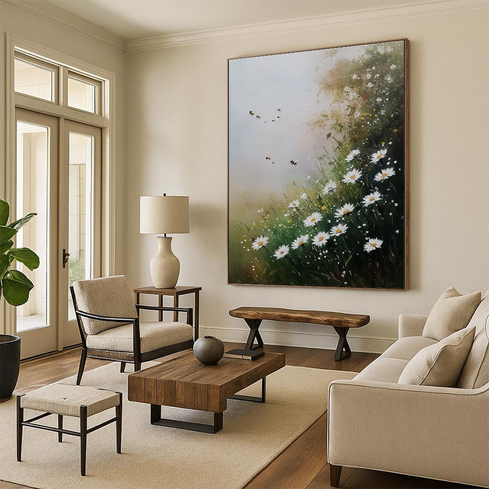 Daisies and Bees Charming Floral Abstract Painting GAB0336
