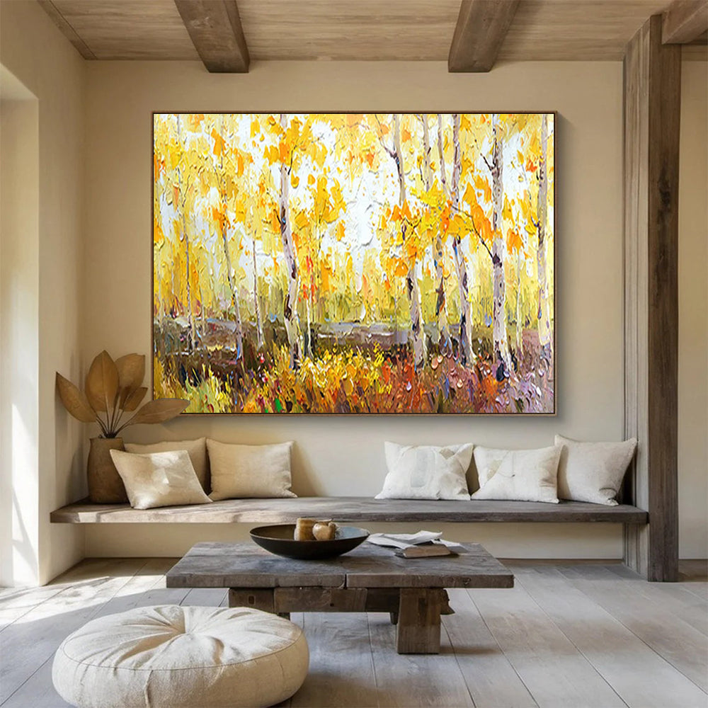 Autumn Birch Forest Abstract Painting for Cozy Cottage Interiors YHT212