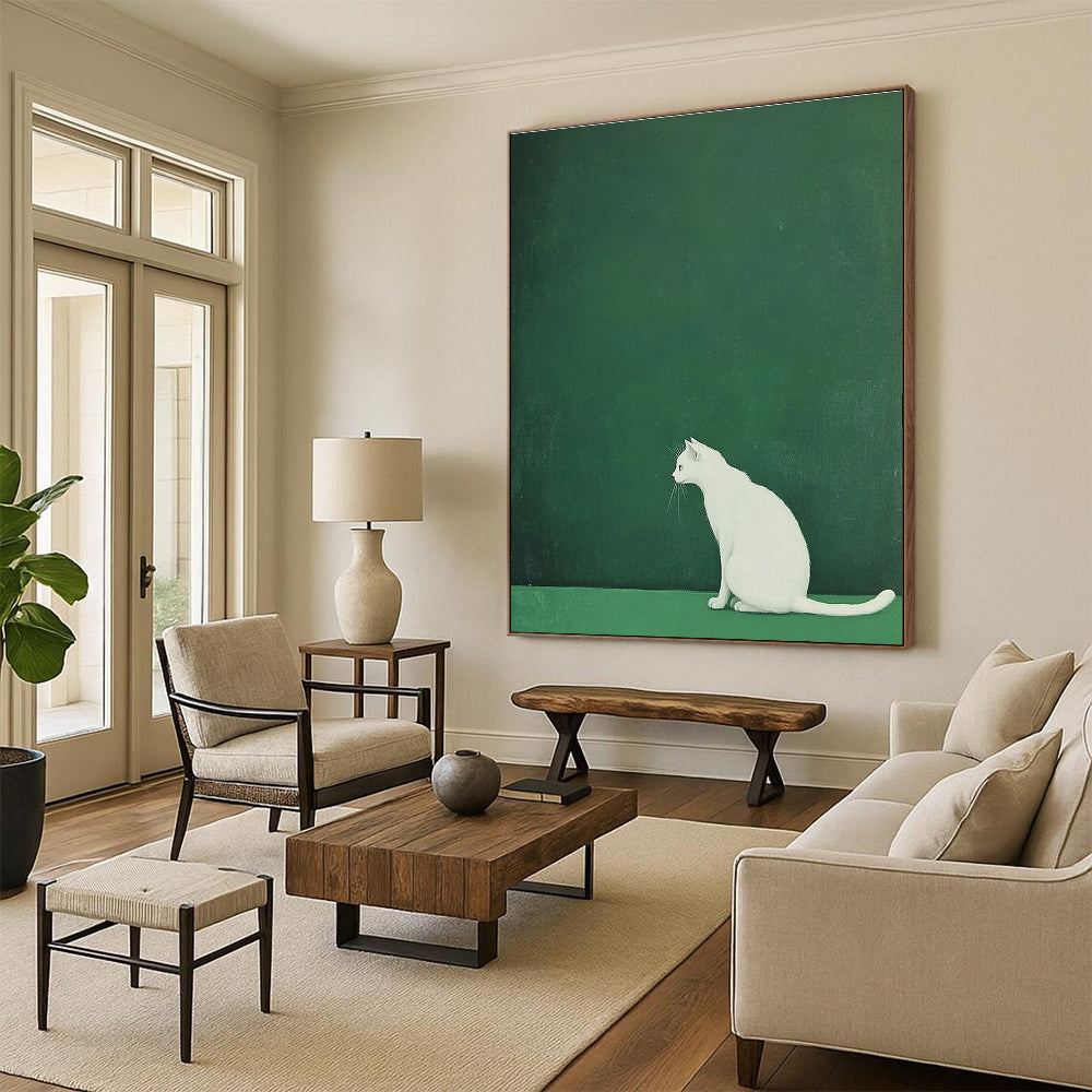 White Cat on Green Minimalist Abstract Painting for Calm Interiors GAB1520