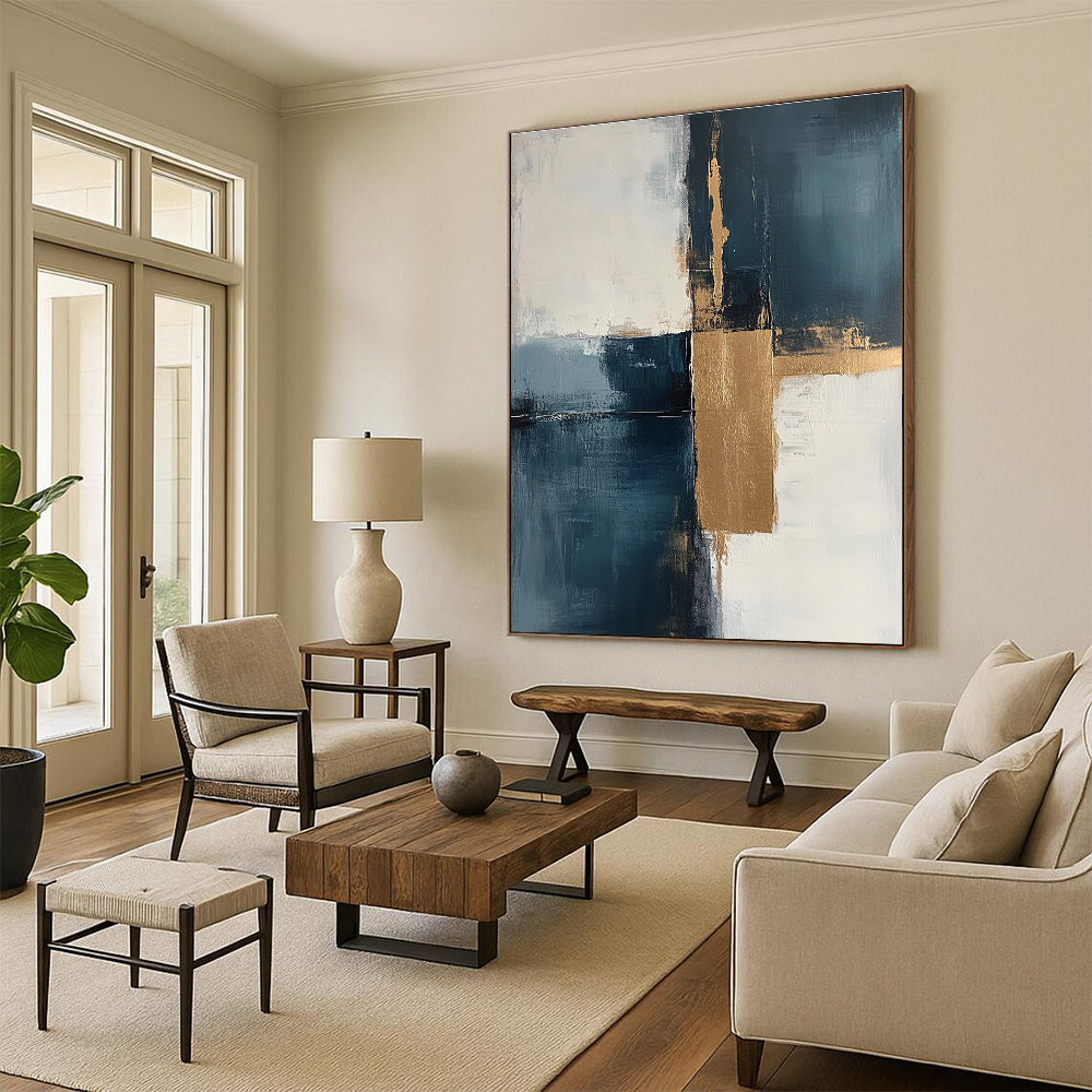 Blue - Gold Abstract Squares Painting with Modern Balance WINK377