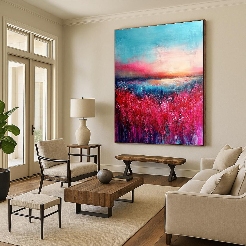 Flower Field Sunset Abstract - Romantic Landscape Art GAB0548