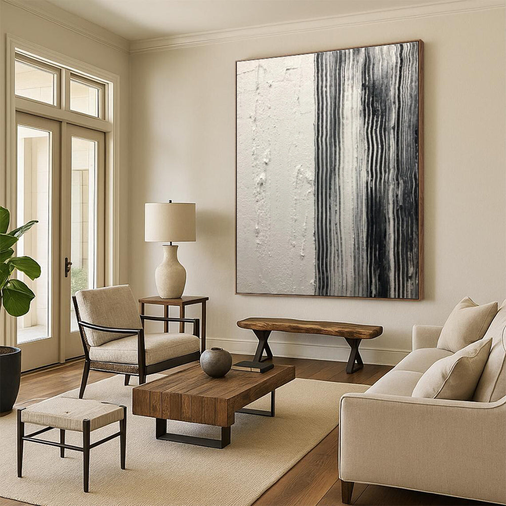 Black - White Striped Textured Abstract Painting for Industrial - Inspired Spaces HENG382