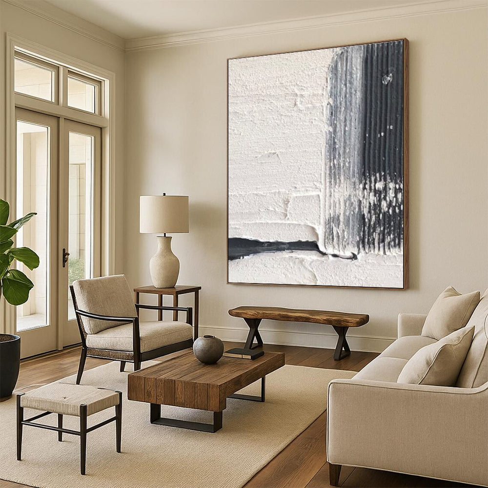 White and Black Textured Striped Art Abstract Painting for Monochrome - Themed Dining Rooms HENG366