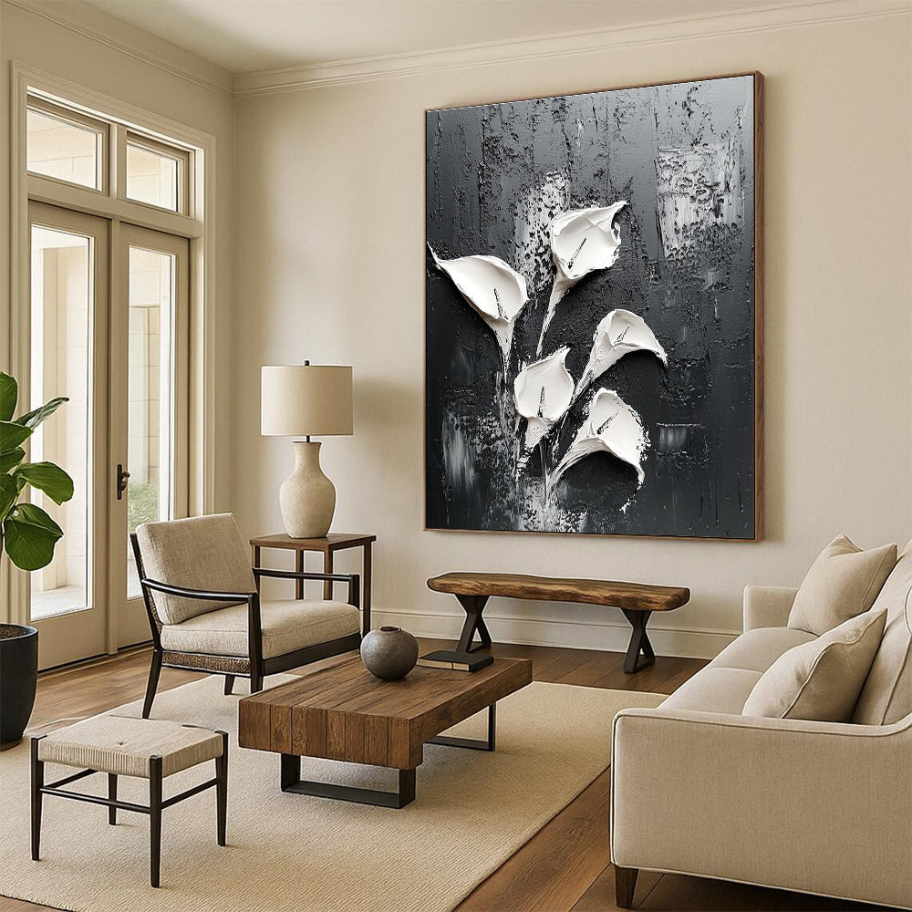 Textured White Lilies Abstract Painting for Nature - Loving Bathrooms GAB0997