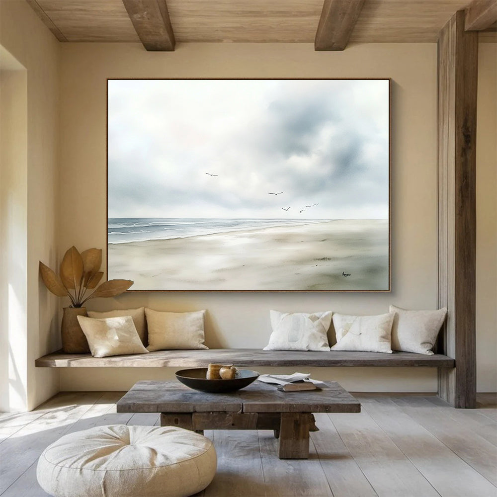 Seaside with Flying Birds Abstract Painting with Tranquil Serenity ABS613