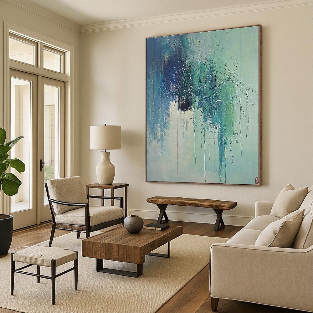 Blue and Green Dripping Branches Abstract Painting of Ethereal Nature GAB0174