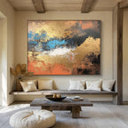 Gold - Blue Abstract Painting with Textured Brushstrokes ABS251