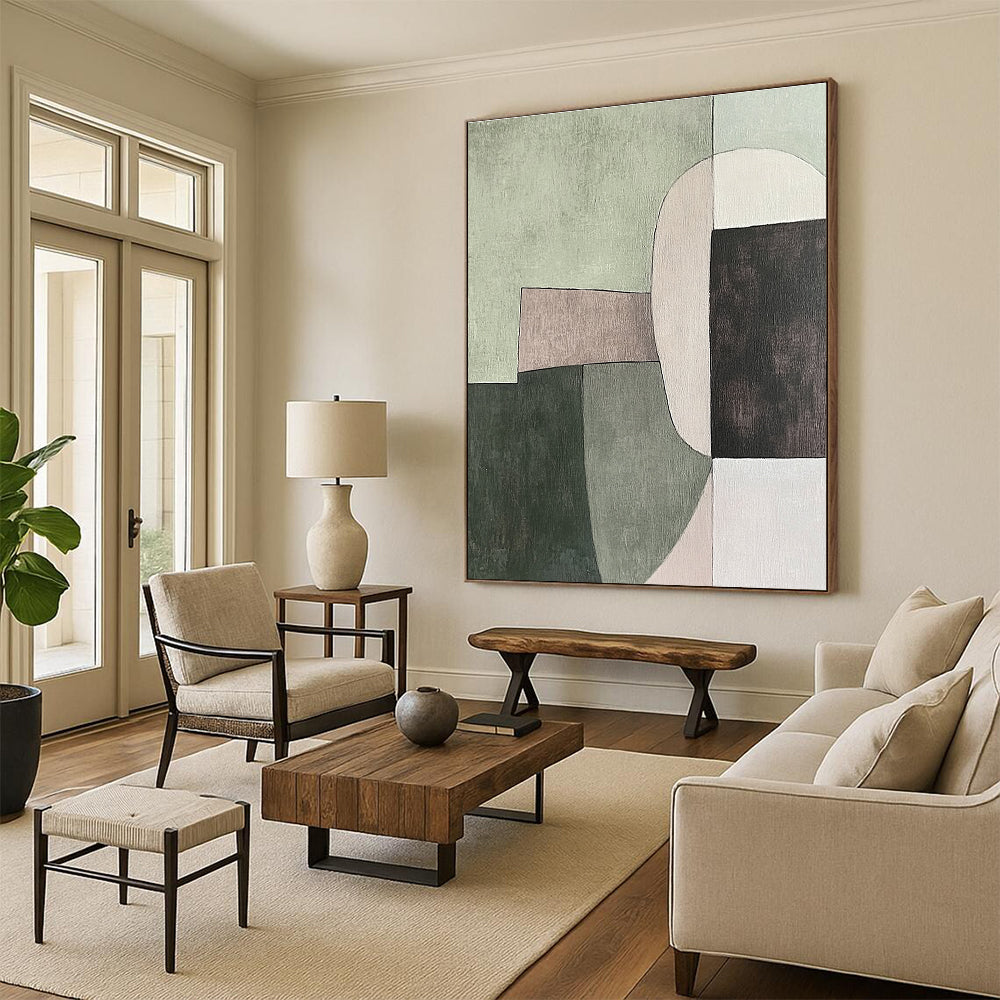 Green - Toned Geometric Abstract Painting for Modern Minimalist Spaces GAB1150