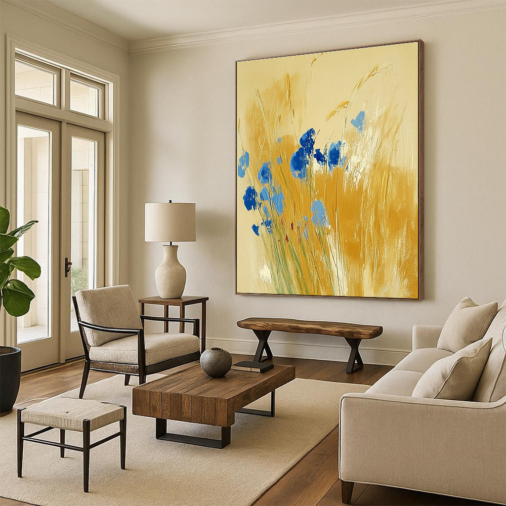 Blue Flowers in Golden Grass Abstract Painting for Country - Style Patios GAB0797
