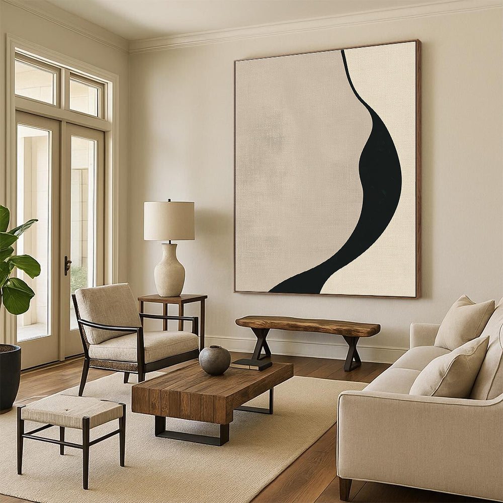 Curved Black and Beige Shape Abstract Painting for Monochrome - Themed Bedrooms GAB1364