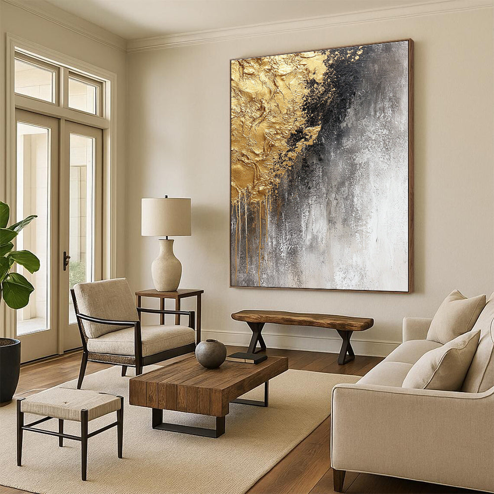 Black Gold Gray Abstract Painting with Dramatic Contrast WINK645