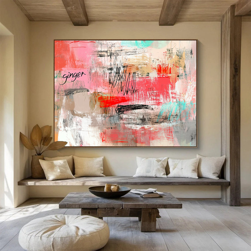 Pink and Gray Abstract Painting with Playful Text and Strokes ABS434
