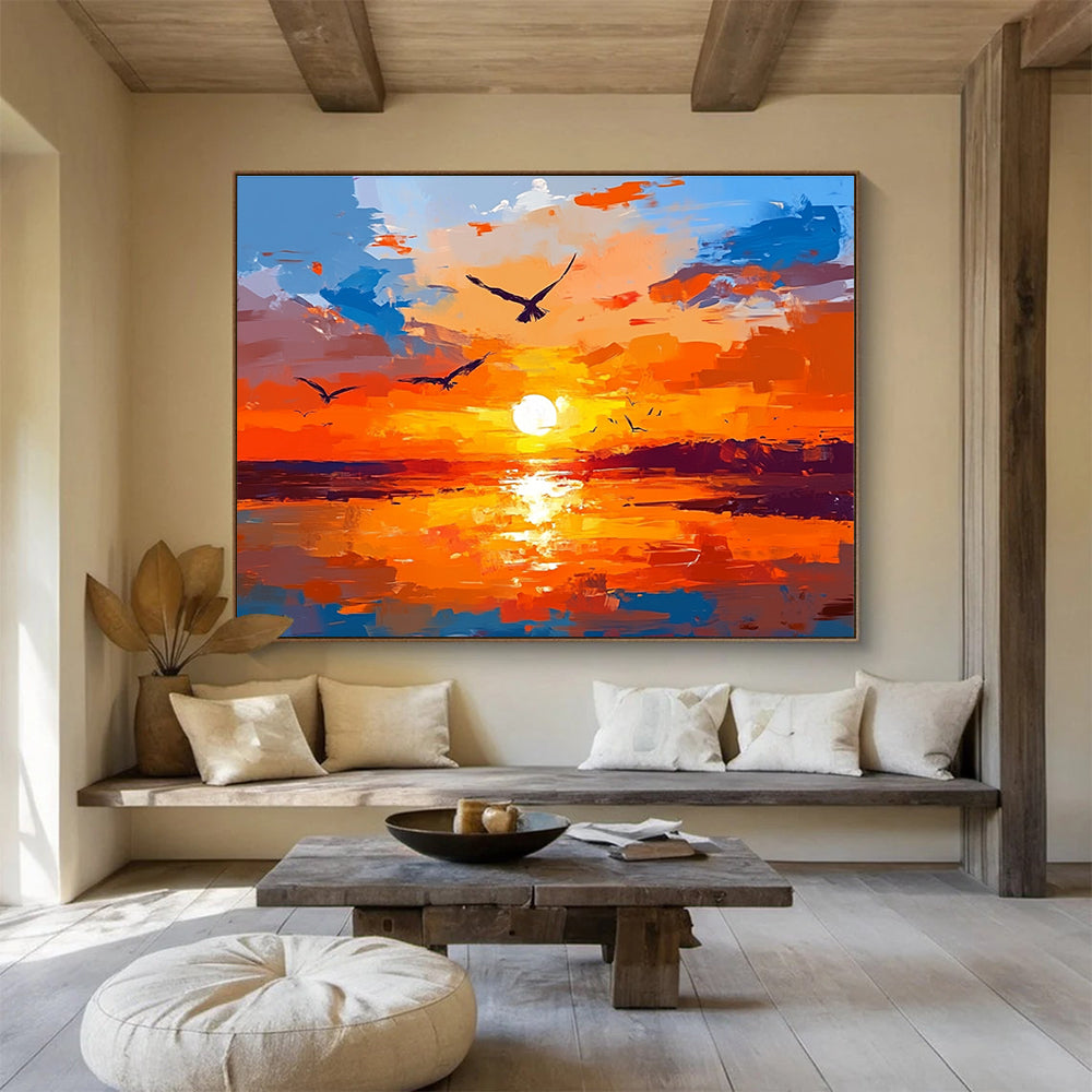 Orange Sunset Abstract Painting with Soaring Avian Energy ABS443