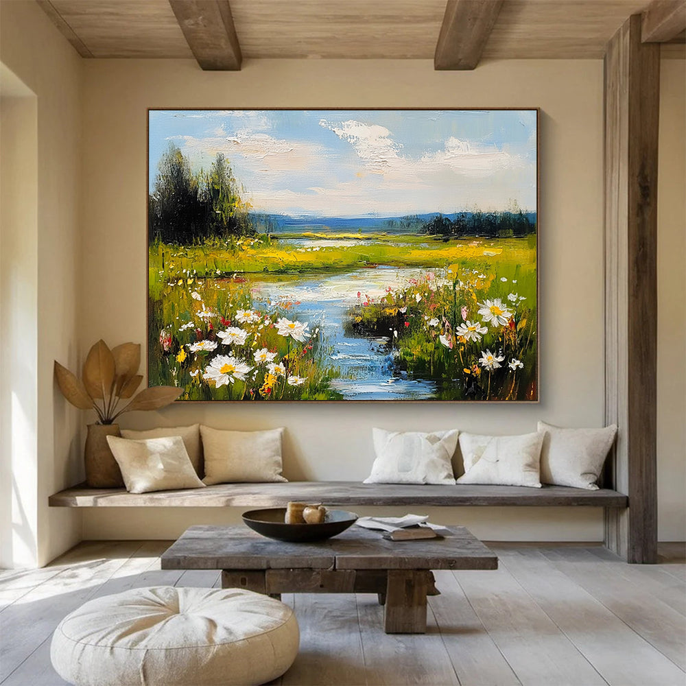 Flower - Filled River Landscape Abstract Painting with Vibrant Nature ABS594