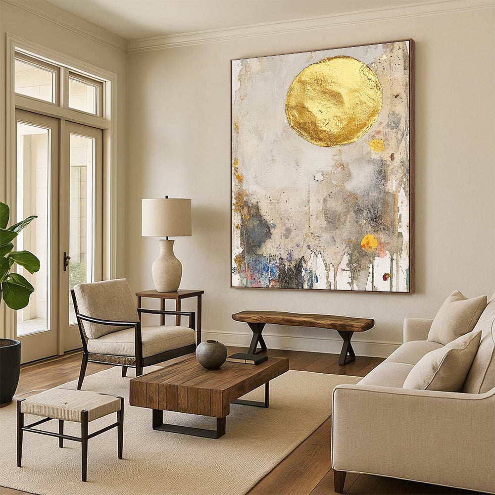 Gold Circle Abstract Mixed - Media Painting for Luxurious Spaces GAB1509