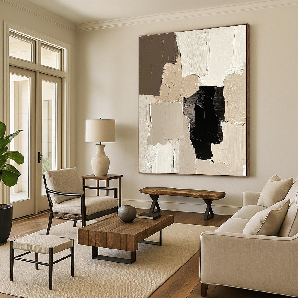 Beige Black Abstract Blocks Painting with Minimalist Depth WINK452