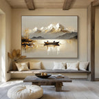 Boat on Lake with Snowy Mountains Abstract Painting with Serene Beauty ABS605