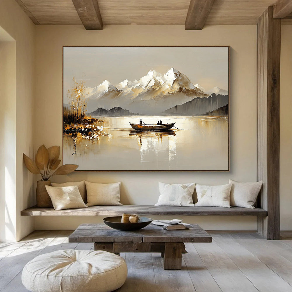 Boat on Lake with Snowy Mountains Abstract Painting with Serene Beauty ABS605