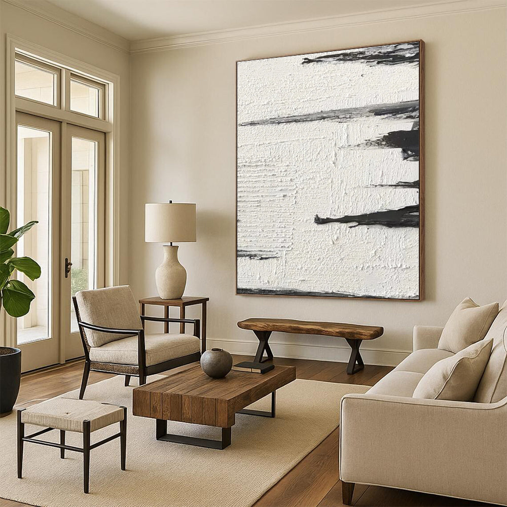 Black - White Textured Landscape Abstract Painting for Serene Home Offices HENG384
