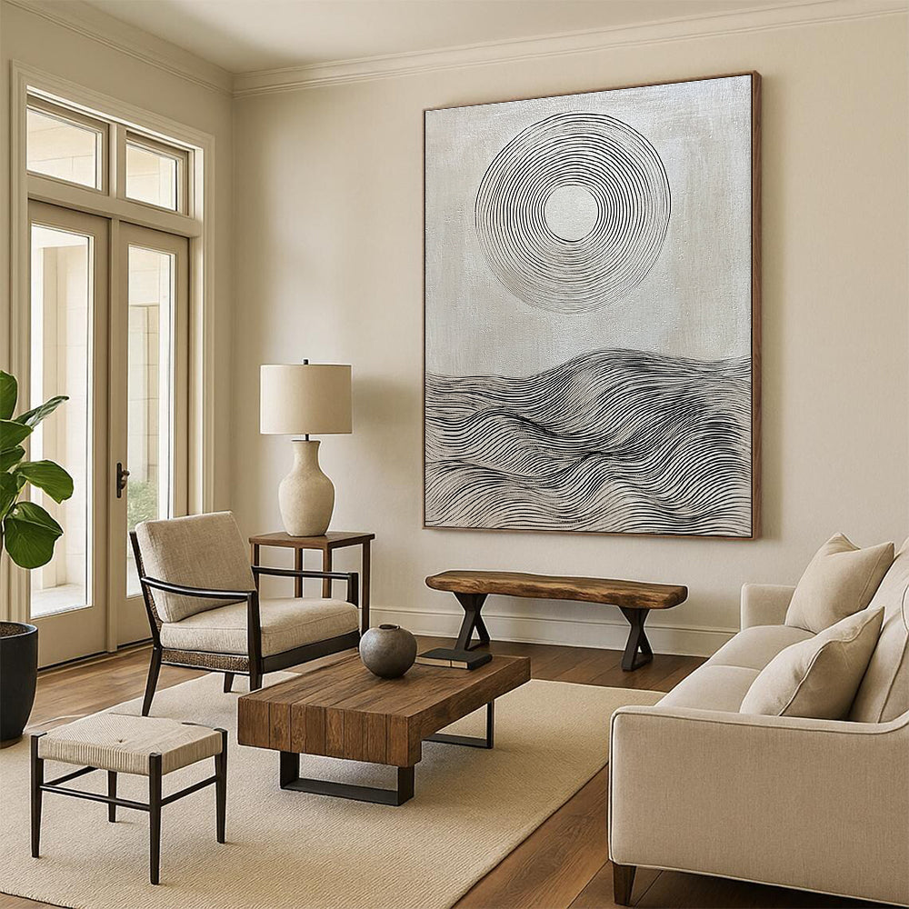 Black and White Wave Circle Painting of Minimalist Serenity GAB0164