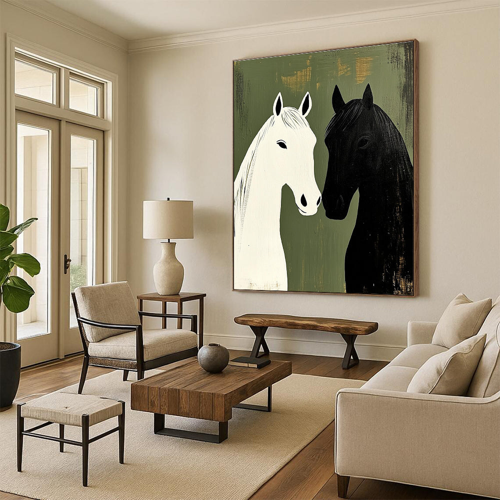 Black and White Horses Minimalist Abstract Painting for Nature - Inspired Spaces GAB1500