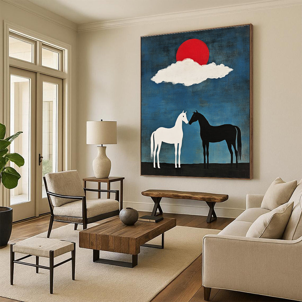 Symbolic Black and White Horses Under Red Sun Abstract Painting GAB0035