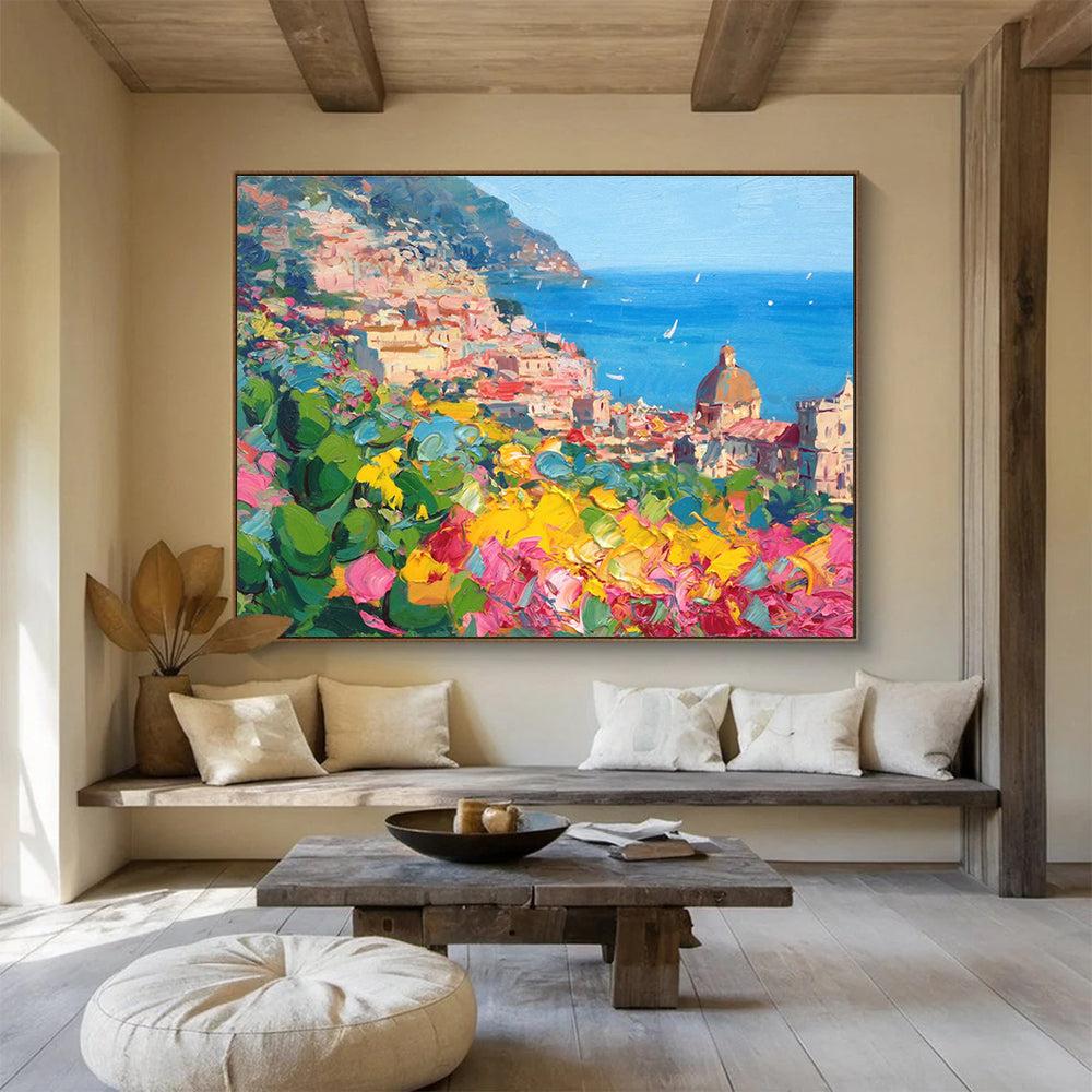 Coastal Town Flowers Abstract Painting for Italian Restaurant Private Dining YHT488