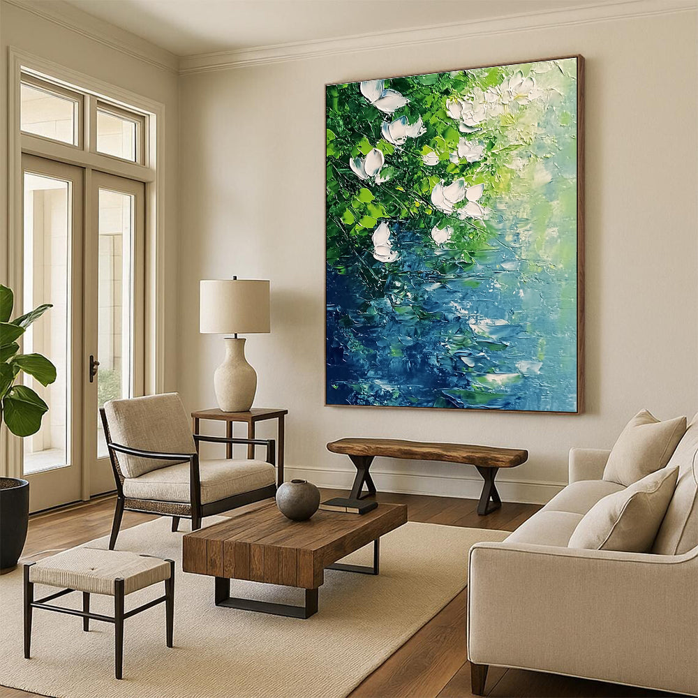 White Flowers Over Water Serene Abstract Painting for Relaxing Spaces GAB1525