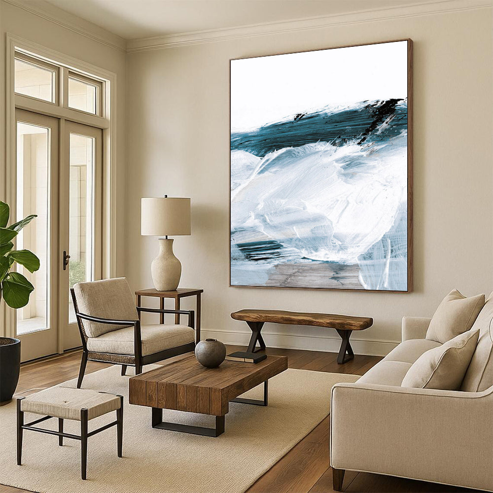 Blue - White Abstract Waves Painting for Coastal - Inspired Home Offices HENG219