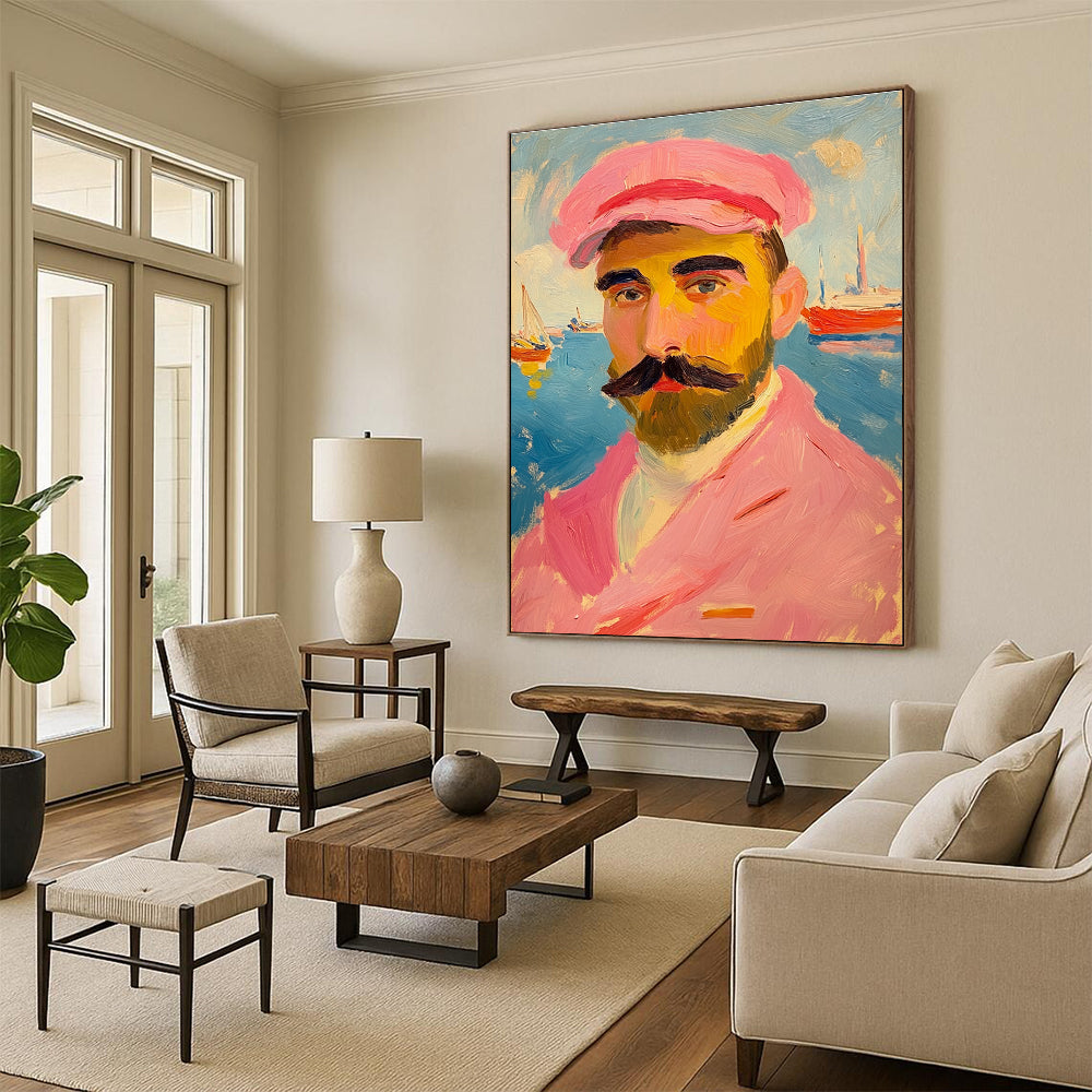 Man with Pink Hat Impressionistic Portrait Abstract Painting GAB0322