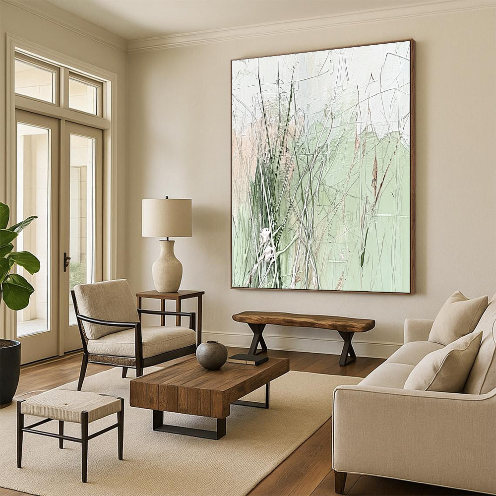 Green and Beige Grass - like Abstract Painting with Wispy Forms GAB0062