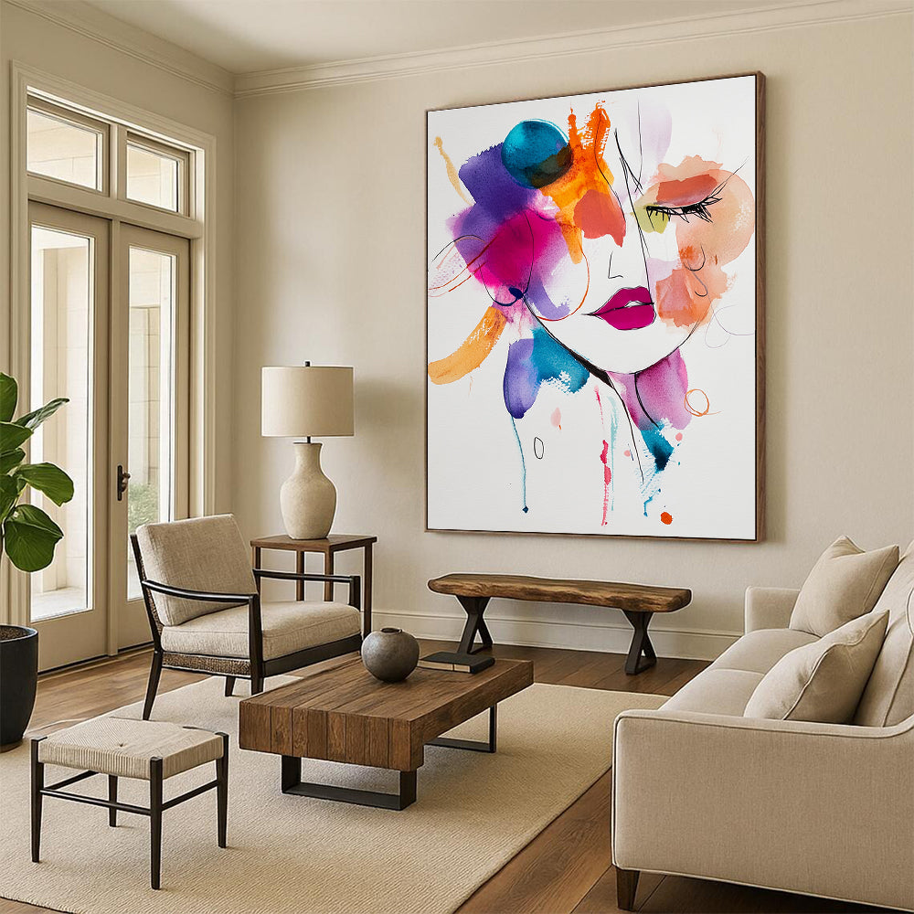 Watercolor Woman with Color Splashes Vibrant Abstract Portrait GAB0349