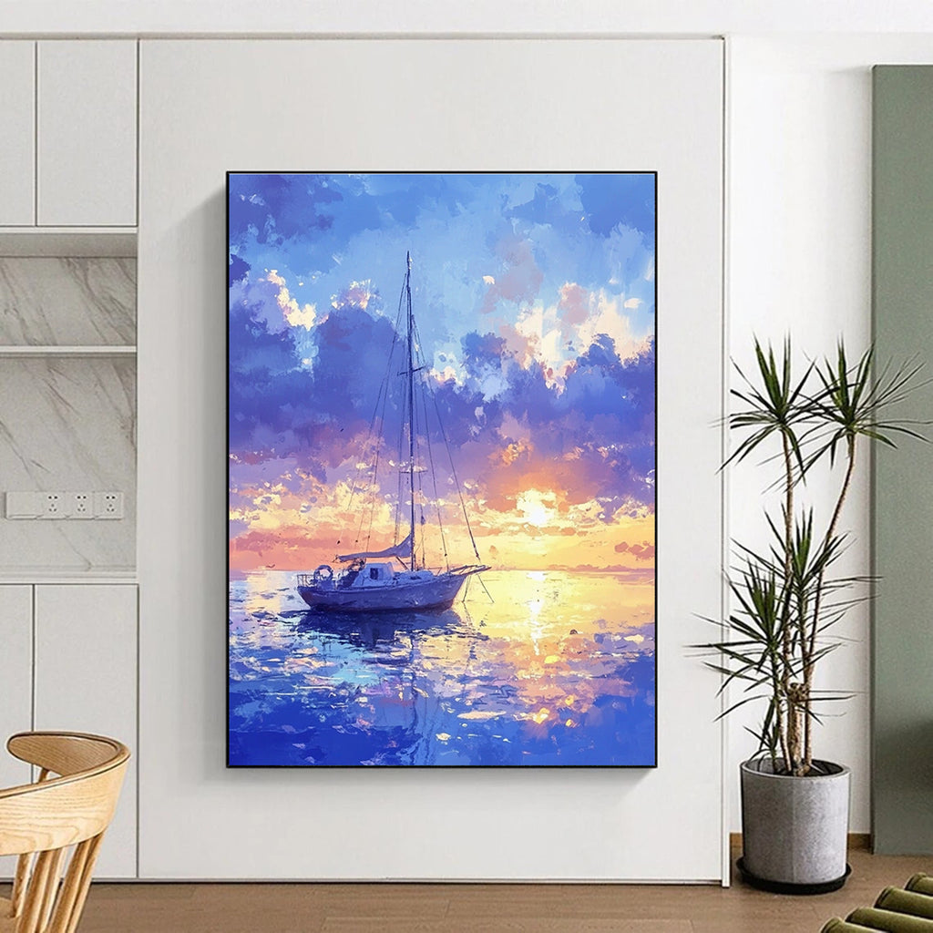 Sailboat at Sunset Romantic Coastal Abstract Painting GAB0330