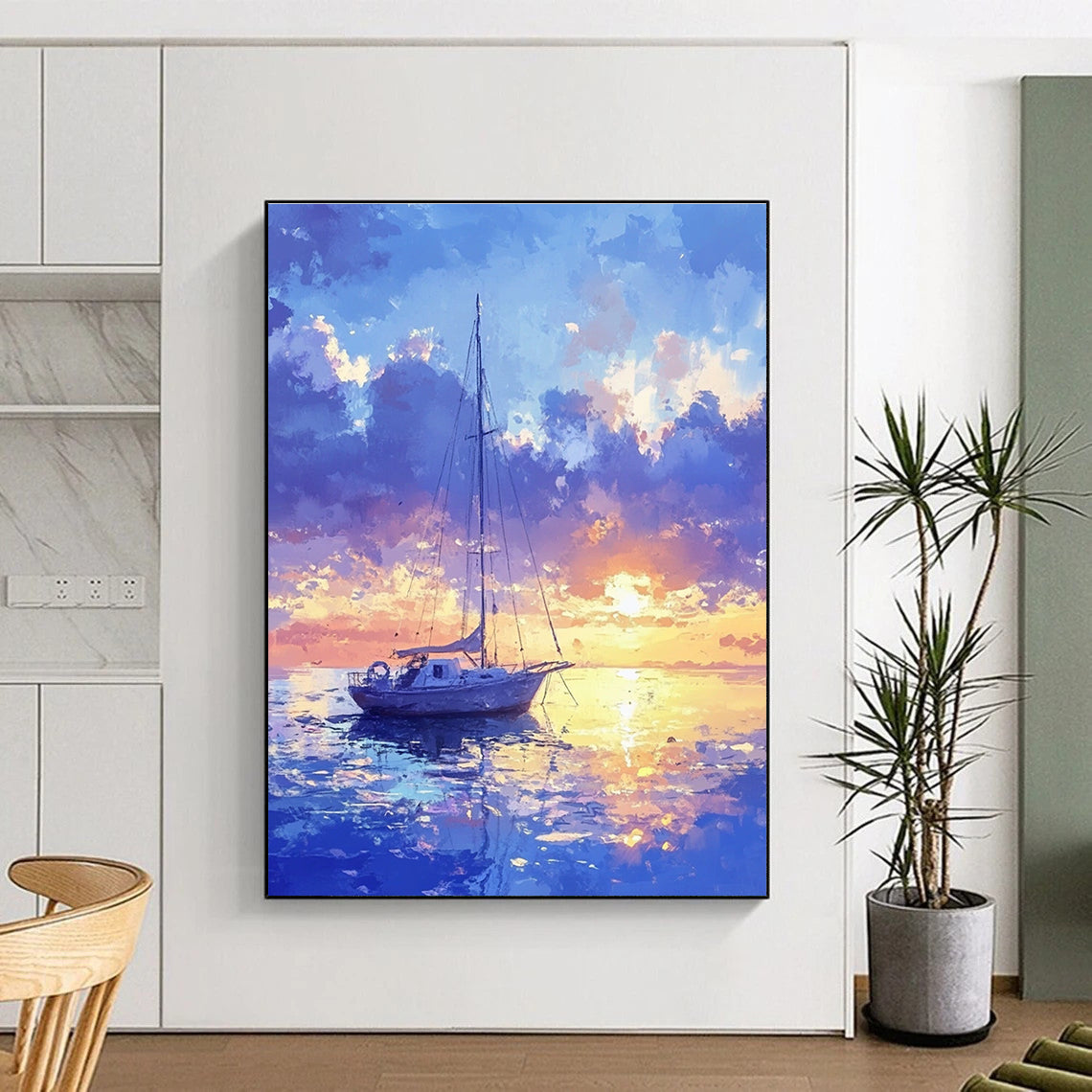 Sailboat at Sunset Romantic Coastal Abstract Painting GAB0330