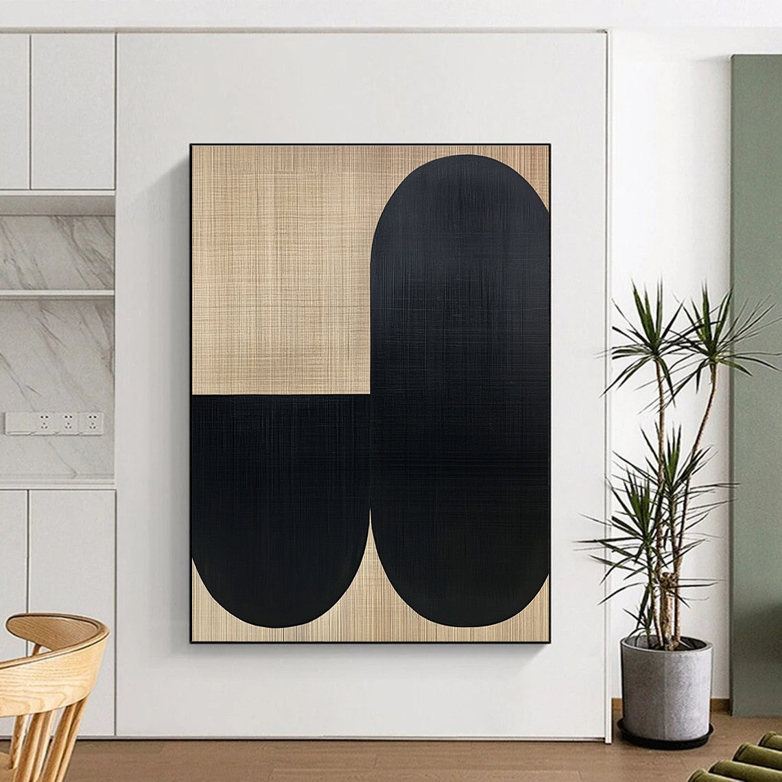Beige and Black Abstract Painting with Minimalist Forms WINK838