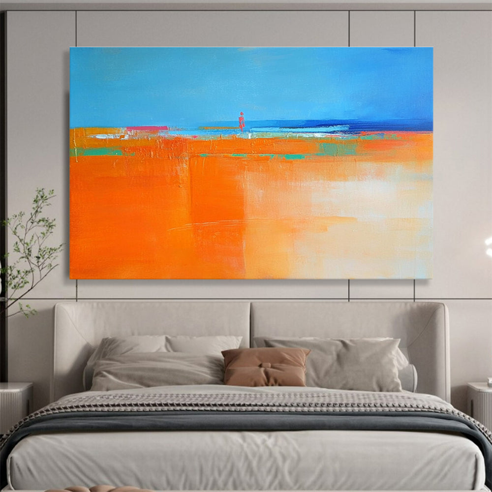 Vibrant Coastal Scene Abstract Painting Featuring a Figure Silhouette ABS221