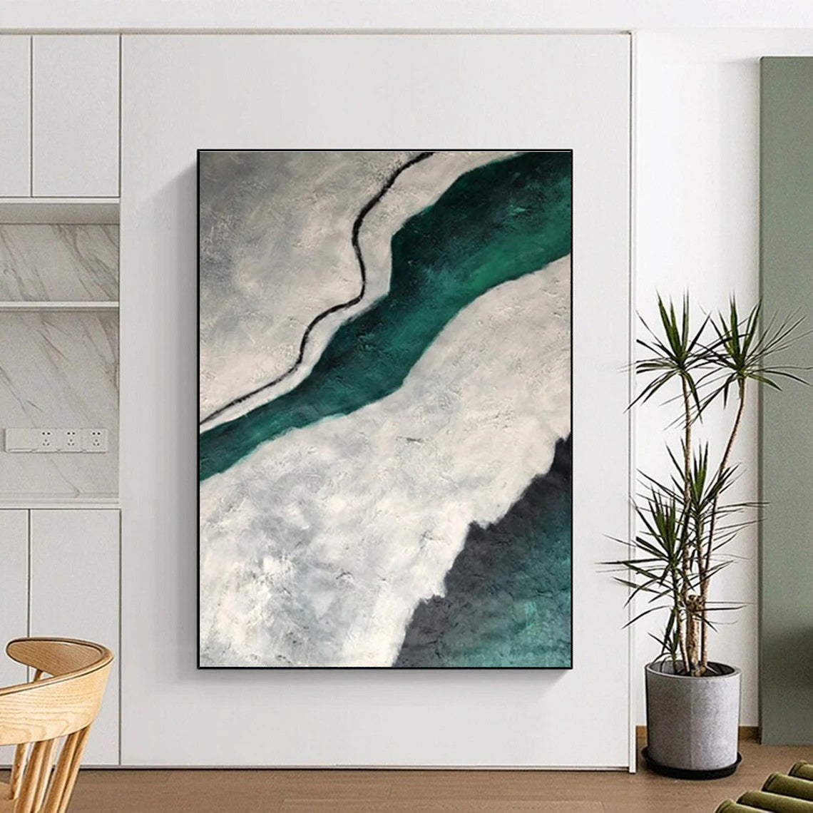 Gray - Green Textured River Abstract Painting for Nature - Inspired Studies HENG403