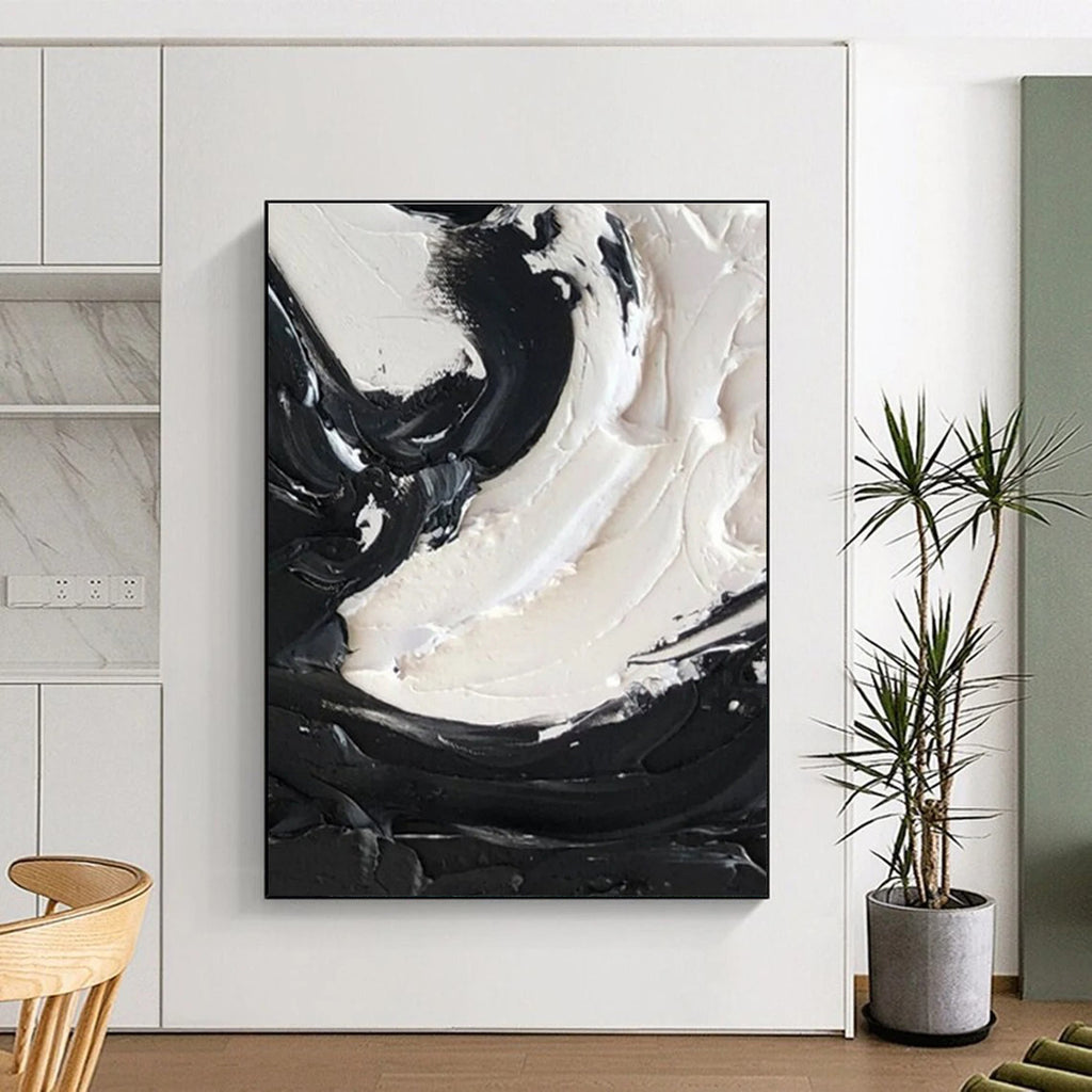 Black - White Swirl Textured Abstract Painting for Contemporary Bedrooms HENG385