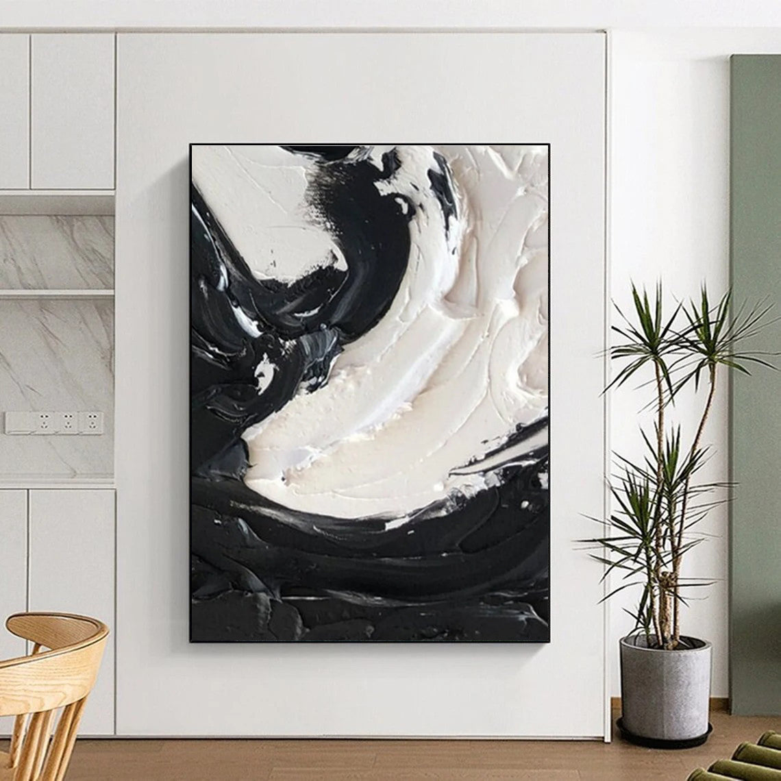 Black - White Swirl Textured Abstract Painting for Contemporary Bedrooms HENG385