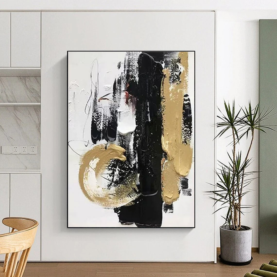 Black - Gold - White Abstract Expression Painting for Luxury Home Entrances HENG146