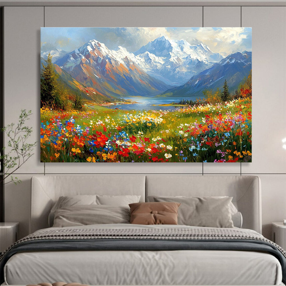 Colorful Mountain Lake Meadow Painting with Vibrant Natural Beauty ABS577