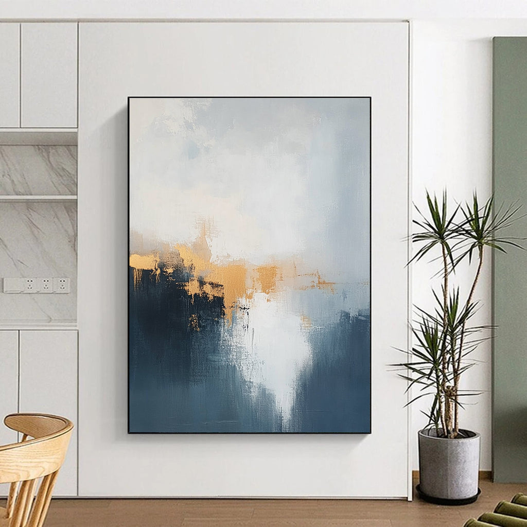 Blue and Gold Abstract Mist Painting for Coastal Hotel Lobbies GAB1189